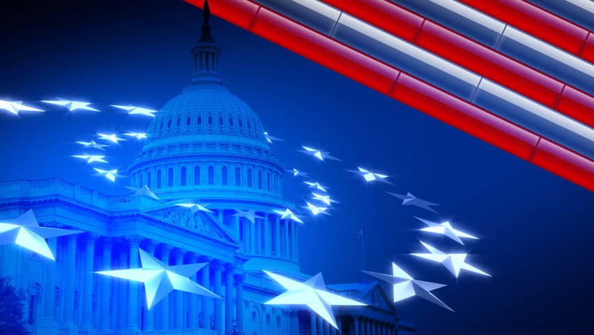 This political news election background is a seamless loop animation complete with rotating red and white stripes, and looping 3D stars.