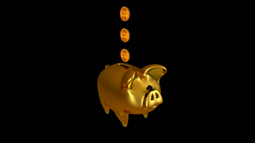 Cute Piggy Bank. Isolated on black. Alpha matte. Loopable. Gold Rose Green White Blue