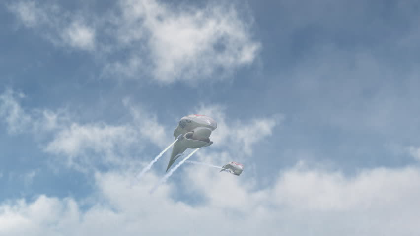 3D model of fantasy craft in teardrop pod shape flying over rural landscape