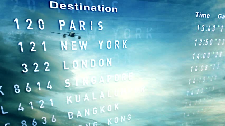a plane in the sky soars through a billboard listing flight destinations 