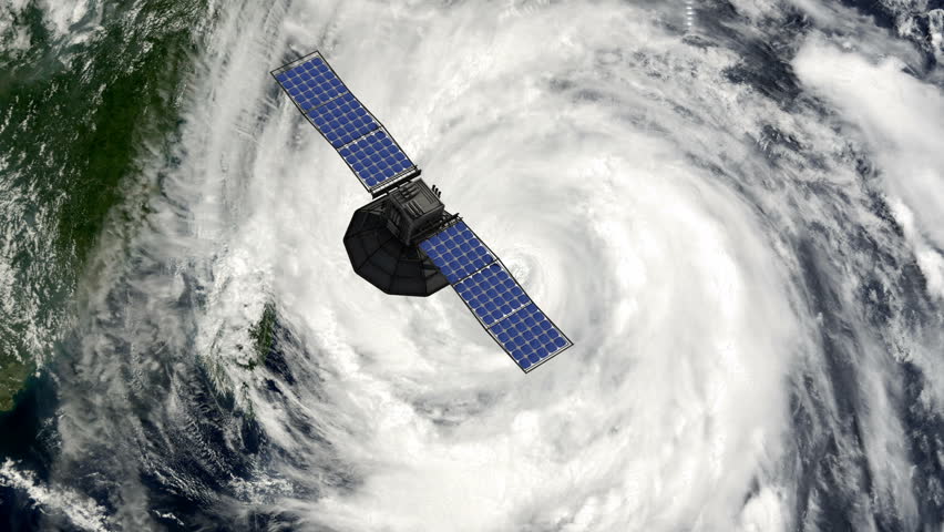 Artificial satellite floating above hurricane