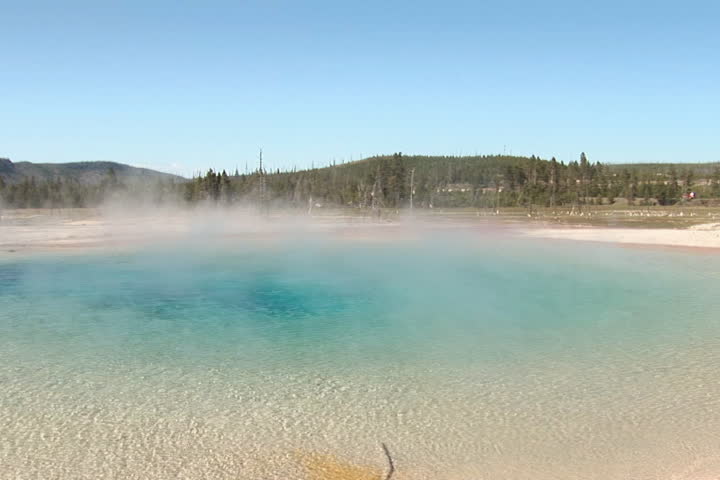 NTSC: Rainbow Pool. Extreme wide. Shot in Yellowstone National Park 