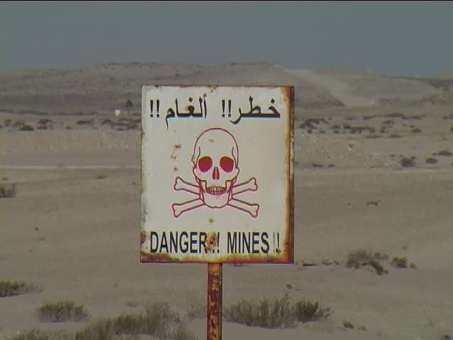 Land mine warning sign in the disputed territory of western Sahara