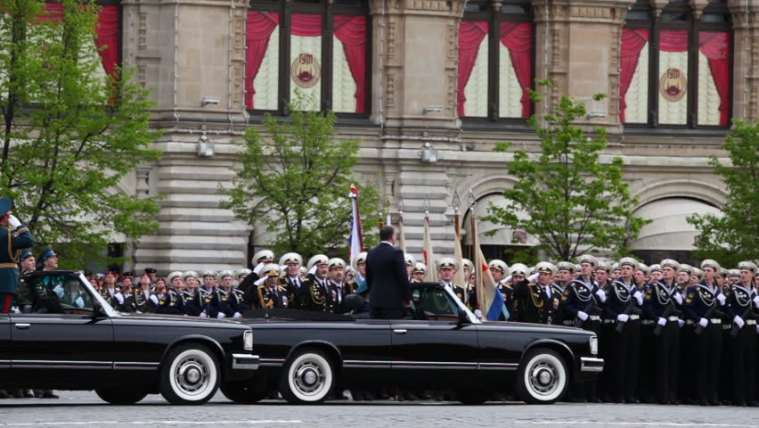 MOSCOW - MAY 6: Minister of defense Anatoliy Serdyukov stands in car and soldiers loudly greet him during rehearsal of parade in honor of Great Patriotic War victory on May 6, 2010 in Moscow, Russia.