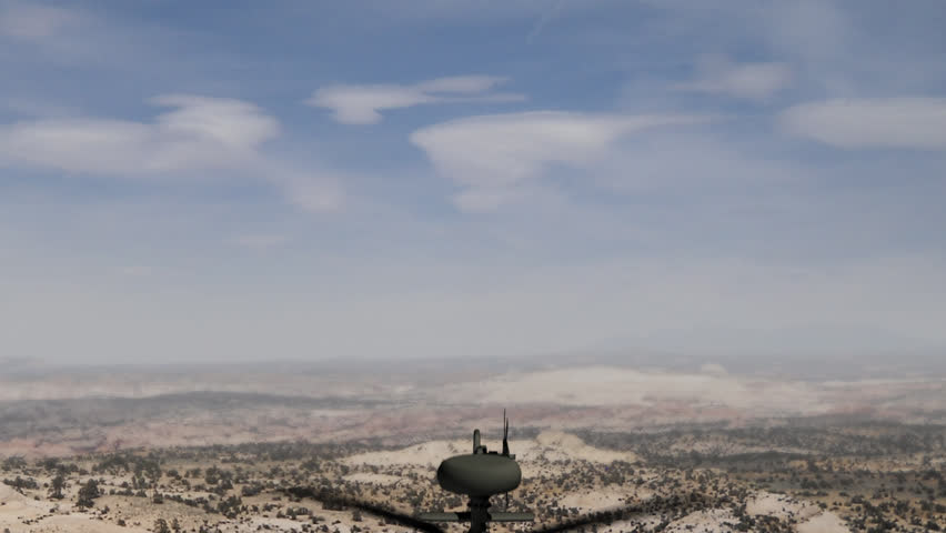 Animation of an Apache helicopter hovering in the sky. The helicopter flies from beneath towards the center of the scene. After this, it's flying away from this military situation.