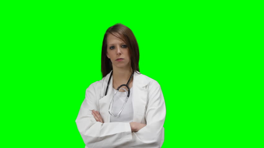 Female Doctor or Nurse with an attitude on a green chroma key background.