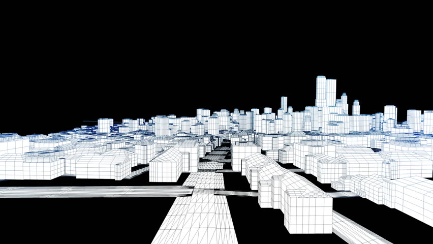 Flying in the sketched city on white, edges glow