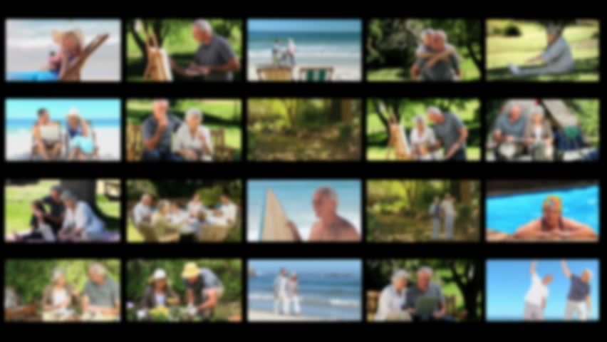 Montage of an elderly couple having fun outside