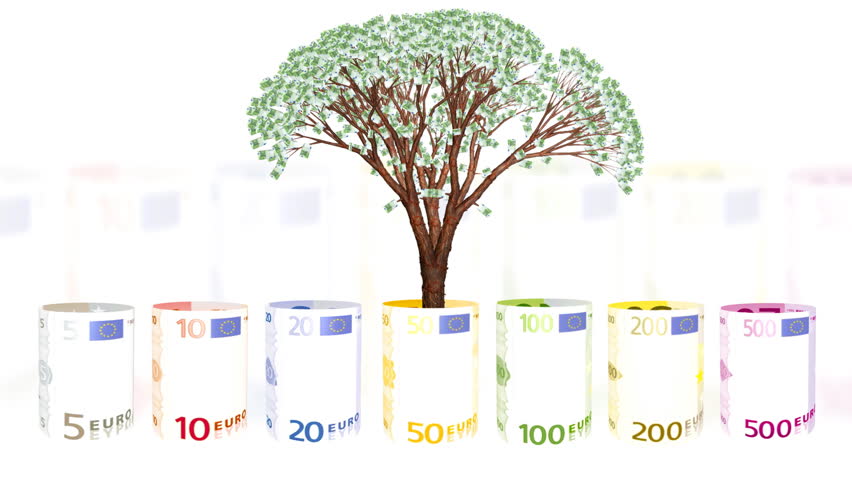 Euro currency spinning and EUR tree growing, financial concept