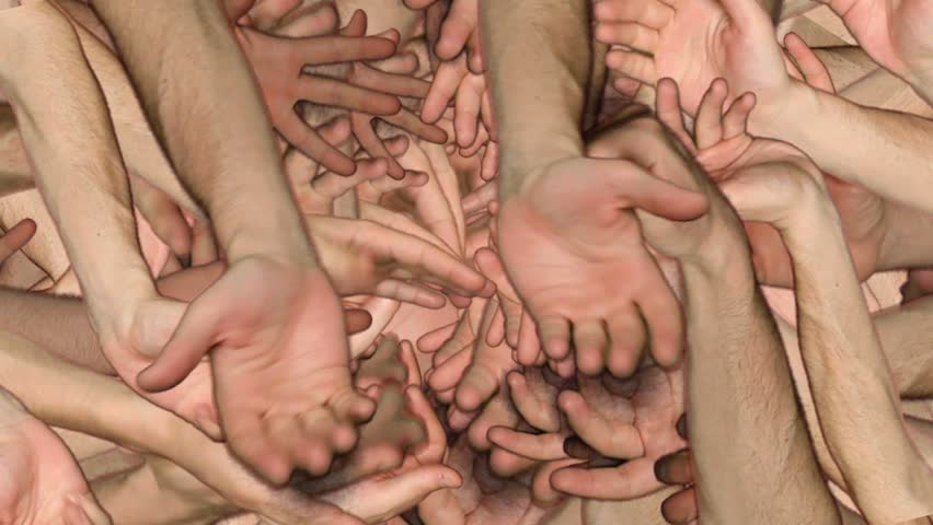 Lots of begging hands. Circular composition. 