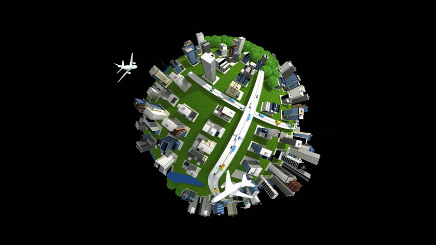 globe with city buildings and different means of transport 