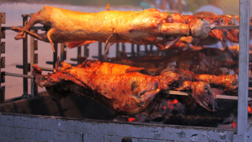 Lamb on skewer, preparing for holiday of Vlacherna monastery, Corfu, Greece