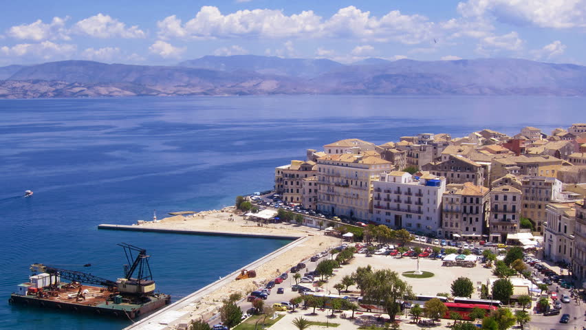 Time-lapse: aerial view of old city from New fortress at day, Corfu, Greece