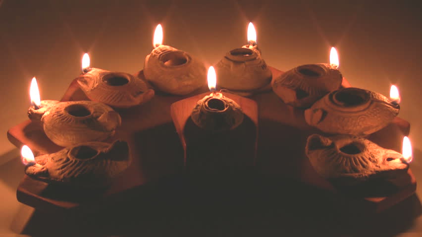 Hanukia made of ancient clay olive oil lamps