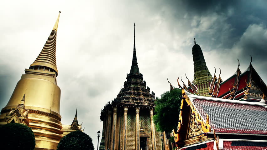 Richly decorated golden buildings of grand palace temple in Bangkok