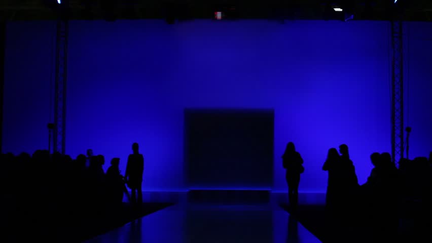 Lot of people are waiting for beginning of fashion show, sitting in dark 