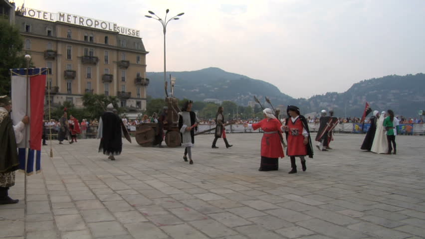 COMO, ITALY - CIRCA SEPT 2011:  Palio del Baradello re-enacts Barbarossa's visit to his allies in Como after defeating Milan in the 1159 battle, circa Sept 2011, Como, Italy. Period dances, games and shows create a medieval atmosphere at this annual event