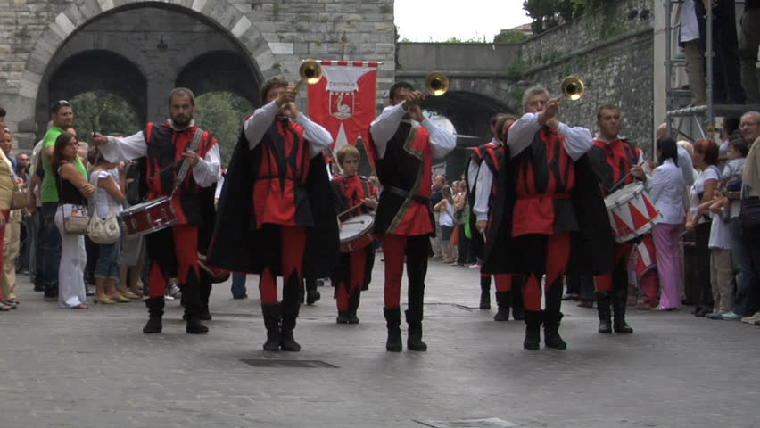 COMO, ITALY - CIRCA SEPT 2011:  Palio del Baradello re-enacts Barbarossa's visit to his allies in Como after defeating Milan in the 1159 battle, circa Sept 2011, Como, Italy. Period dances, games and shows create a medieval atmosphere at this annual event