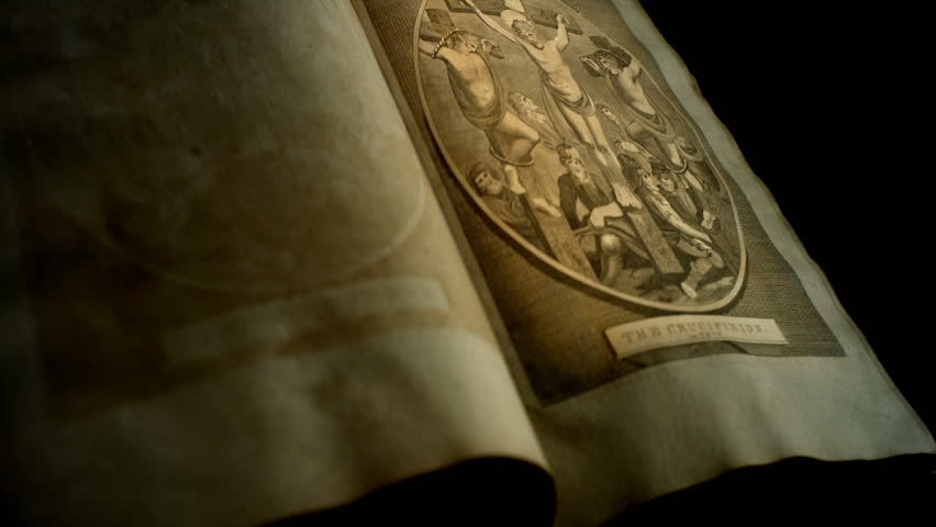 Famous biblical passages, scripture verses, and scenes depicted in an old english bible.