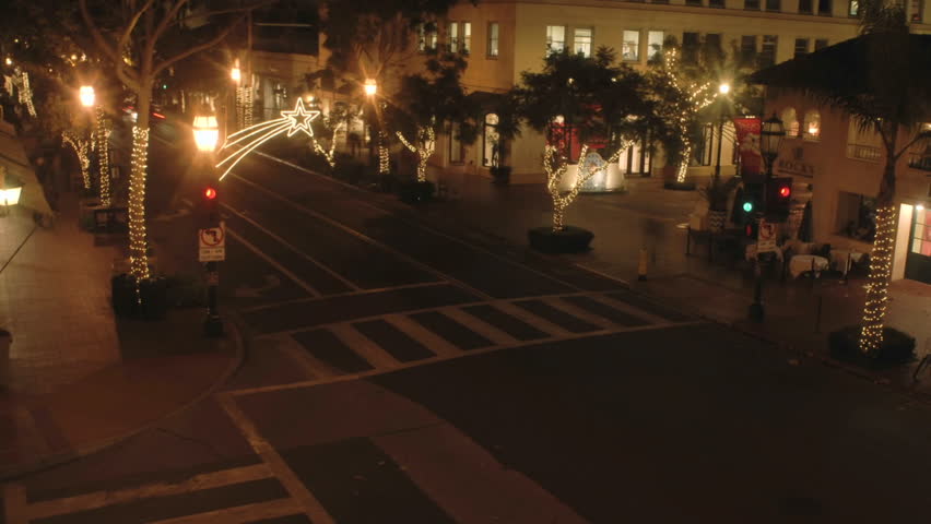 Night time lapse of State Street during the holidays in Santa Barbara, California.