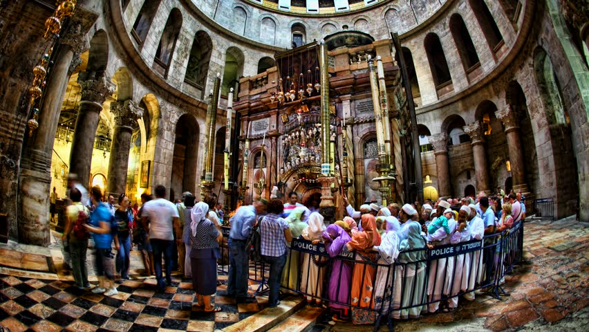 JERUSALEM - OCTOBER 04: (Timelapse View) Christian pilgrims visit the Rotunda and the Edicule in the Church of the Holy Sepulchre time lapse October 04 2011 in Old City Jerusalem, Israel.