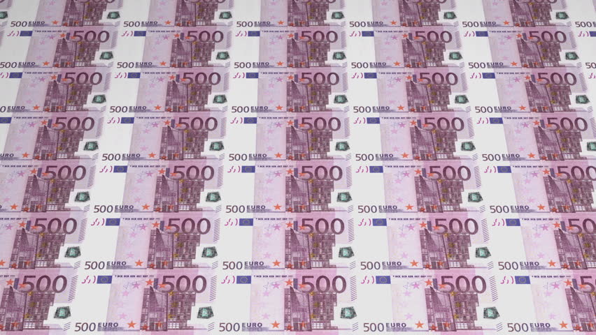 Diminishing parallel rows of 500 euro currency banknotes abstract financial background