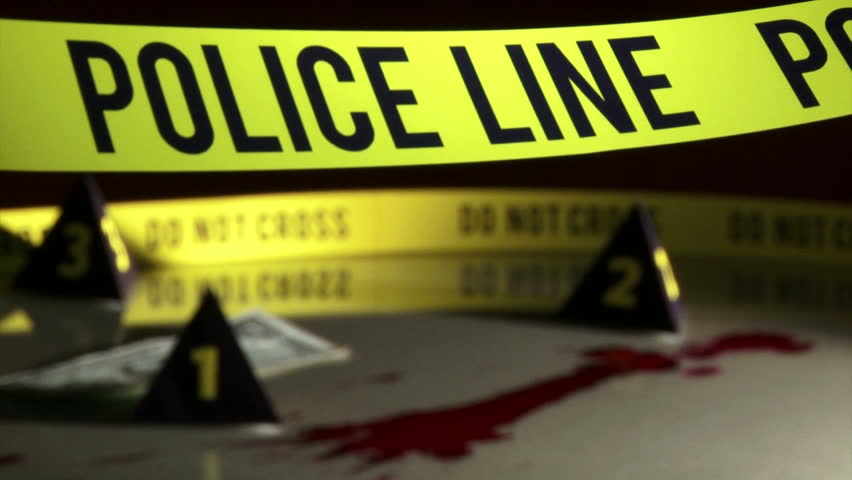 Crime Investigation, police dividing line, yellow tape, bloodstains.