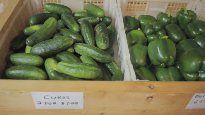 fresh cucumbers, green bell peppers, yellow squash and cabbage at roadside produce market