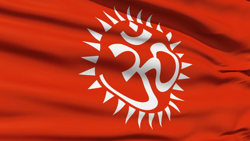 Red flag with Hindu Aum or Om in Devanagari script , the first incantation or sound, and a symbol of Hinduism.