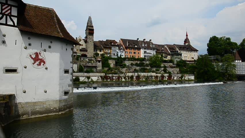 Reuss river and Muri-Amthof at Bremgarten, Switzerland. 