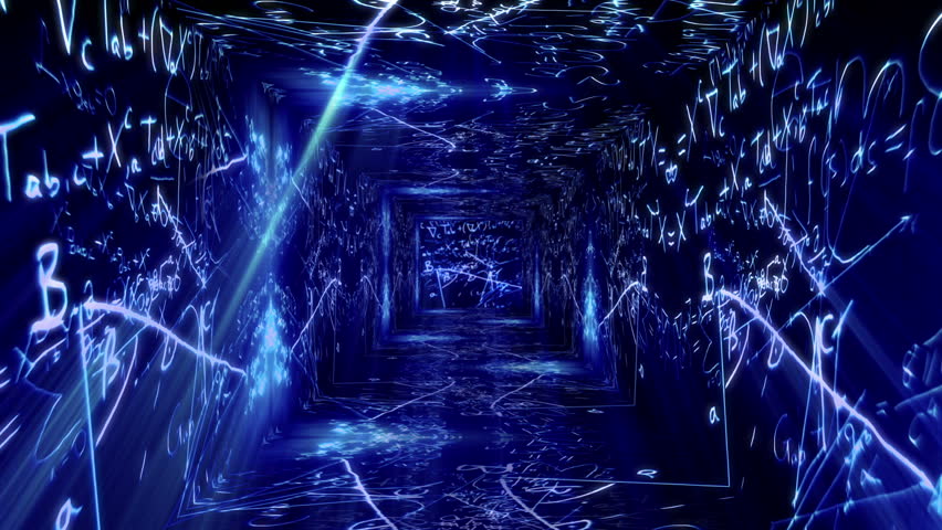 Tunnel design with Mathematical , Physical science formulas flying around on the walls, floor and ceiling of the scene.