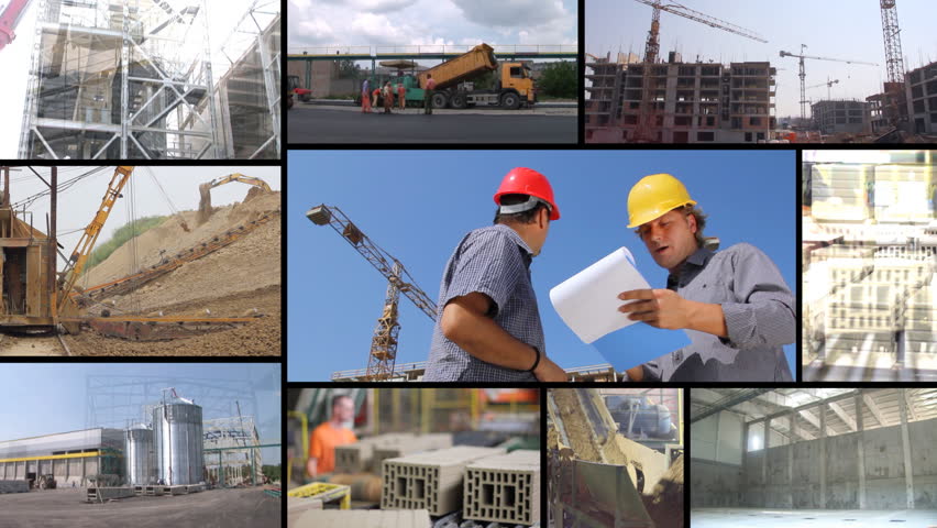 Construction workers, teamwork, split screen