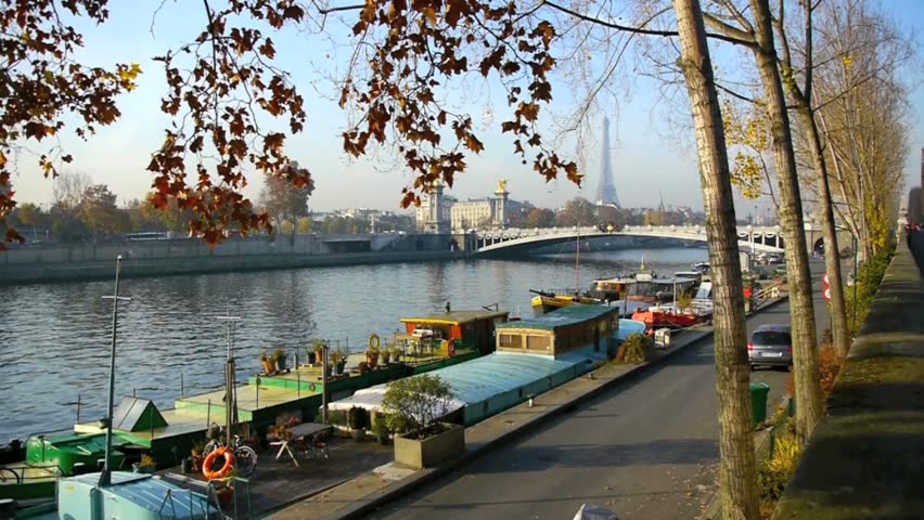 Houseboats on the Seine river in Paris