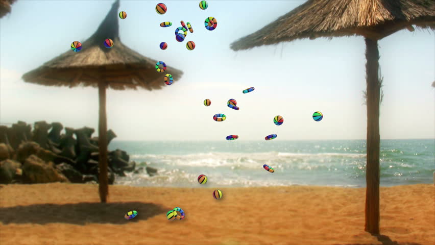Colorful Objects Falling and Summer Time text against seaside and beach umbrellas