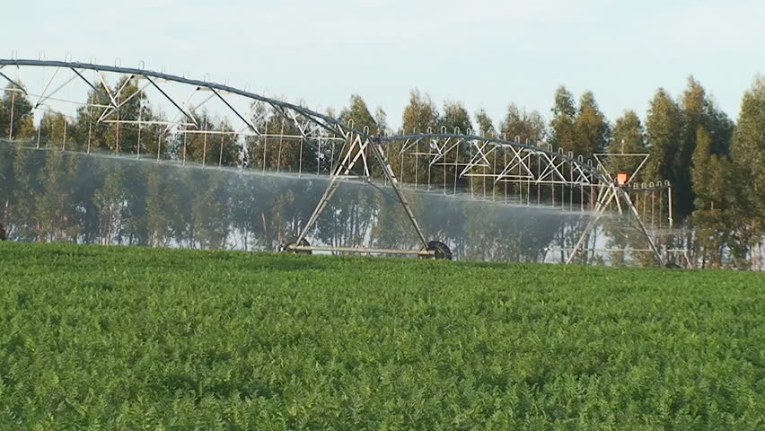 Irrigation pivot spraying water on agricultural field 