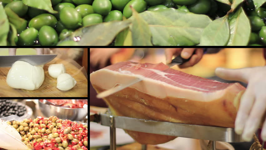 Composition with olives, mozzarella and ham