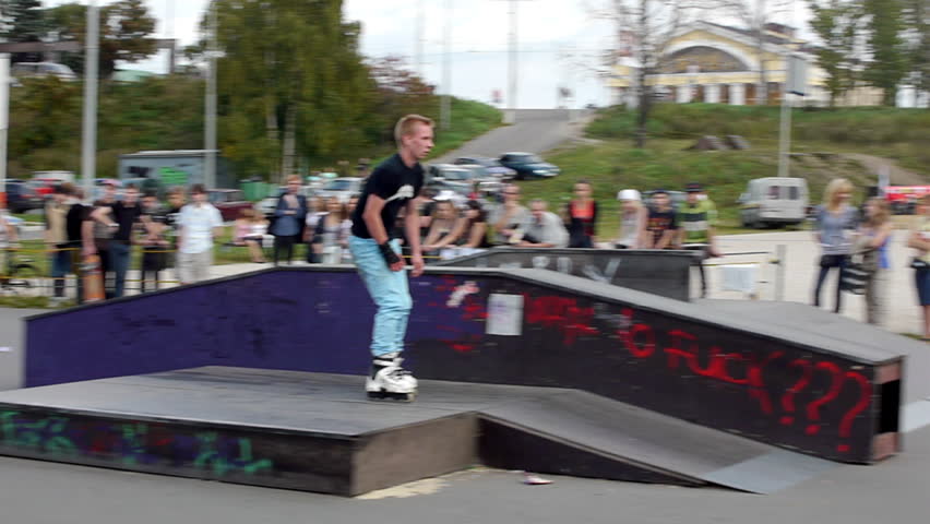 PETROZAVODSK, RUSSIA - AUGUST 27: Anonymous roller blader making tricks during Extreme Side festival on August 27, 2011 in Petrozavodsk, Russia. Event was free for watching, shooting and participating