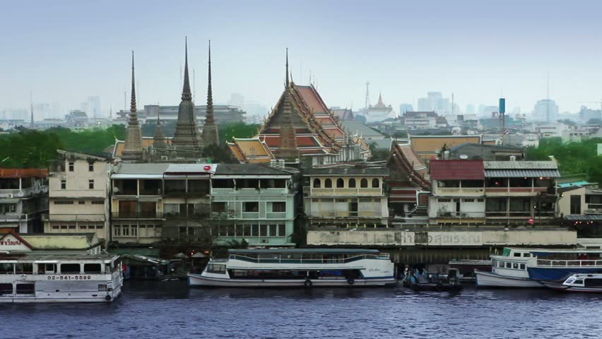 Bangkok river view from wat phraya. Grand palace is seen