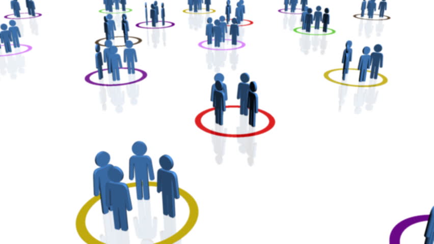 Groups of blue figurines in multi-coloured circles - Teamwork - Cooperation -  Togetherness