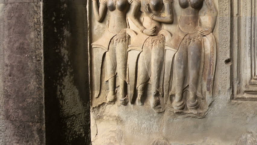 Bas-reliefs inside Angkor Wat temple, Siem Reap, Cambodia, Asia. Tilt shot