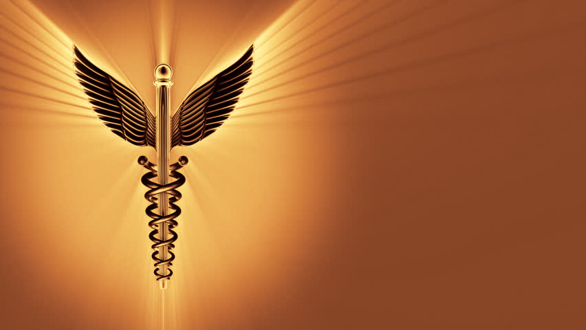 Caduceus 3D animation with copyspace on the right - seamless rotation witch can be repeated endlessly. 