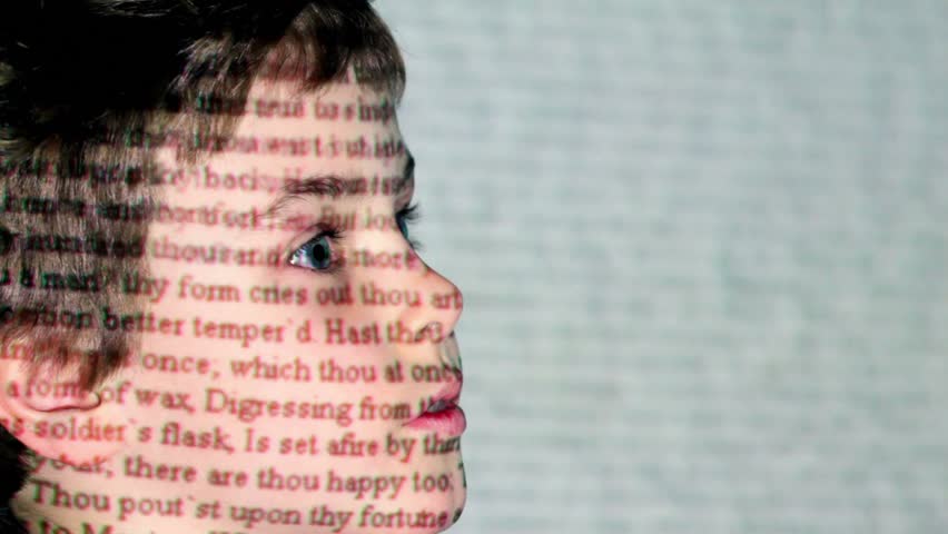 W. Shakespeare, Romeo and Juliet motion text projection on little boy face in profile