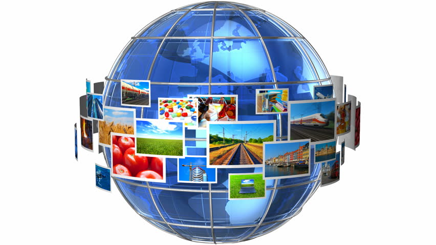 Telecommunication and media technologies concept: rotating cloud of colorful photos around blue glass Earth globe isolated on white background
