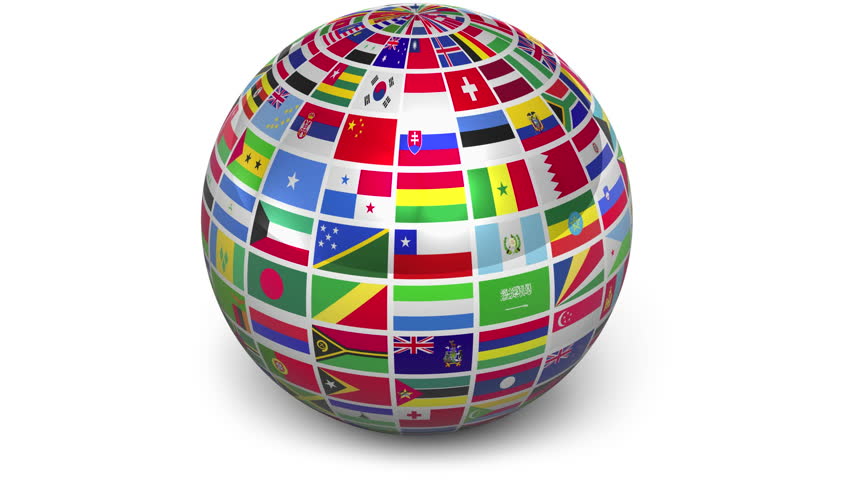 Rotating sphere with world flags isolated on white background