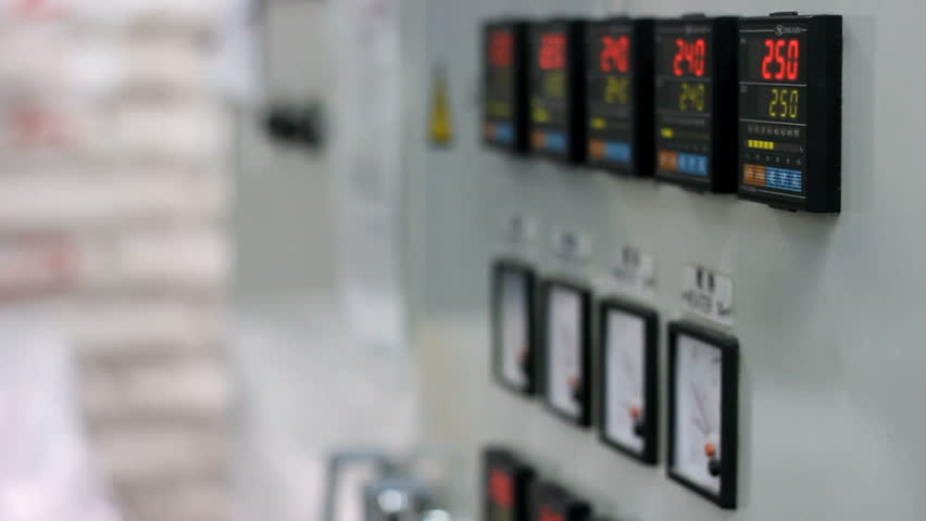 Production line in plastic bag factory. Counter showing data. 