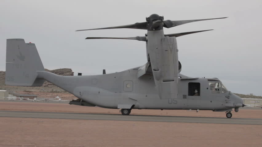 ST GEORGE, UTAH MAR 17 2012: Aircraft V-22 Osprey VTOL taxi backward vertical takeoff and landing. Used by USAF, Marines, Navy and NATO allies in Iraq and Afghanistan in Utah.