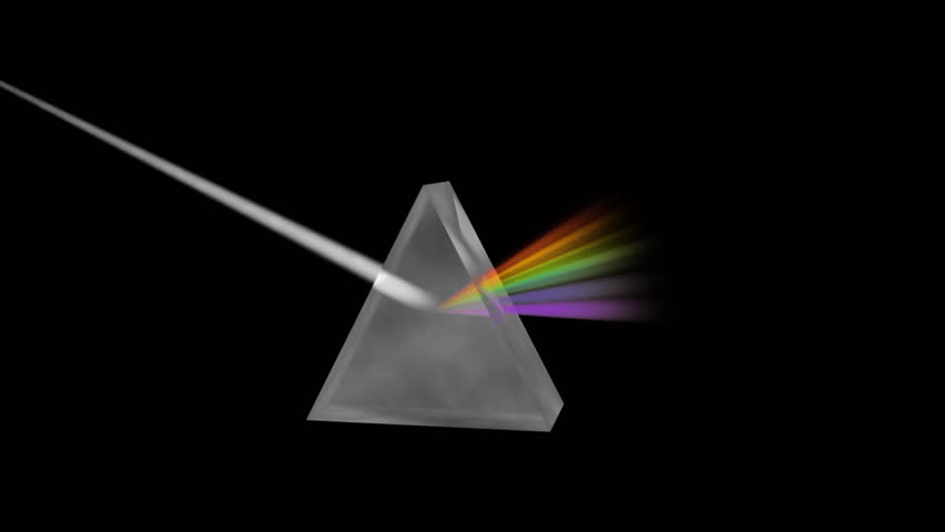 Prism Separating Light Spectrum (HD). A crystal prism bends and separates white light into the seven colors of the rainbow. Slight camera movement and alpha channel included at the end of track.