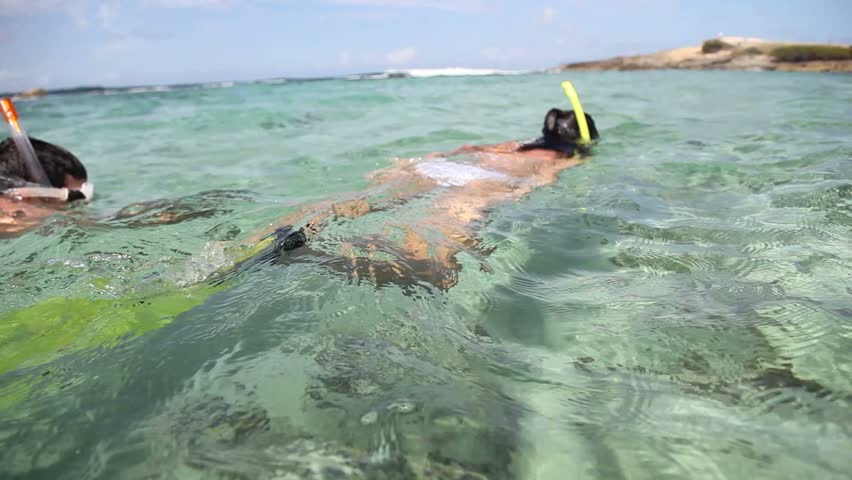 Couple doing snorkeling in Caribbean sea