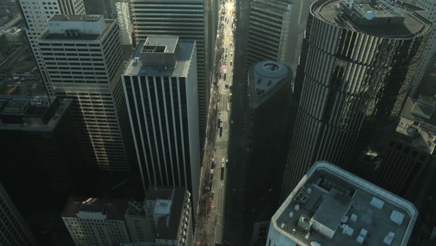 Aerial vertical view of rooftop skyscrapers and the streets of San Francisco, California, North America, USA