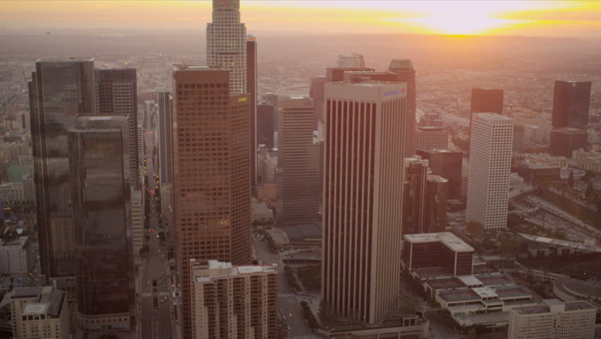 Aerial downtown sunset view of the international financial district in Los Angeles, California, USA.